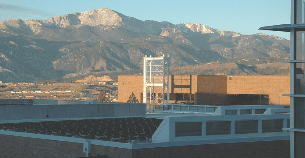 photograph of Pikes Peak behind campus