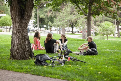 Students sitting on grass.